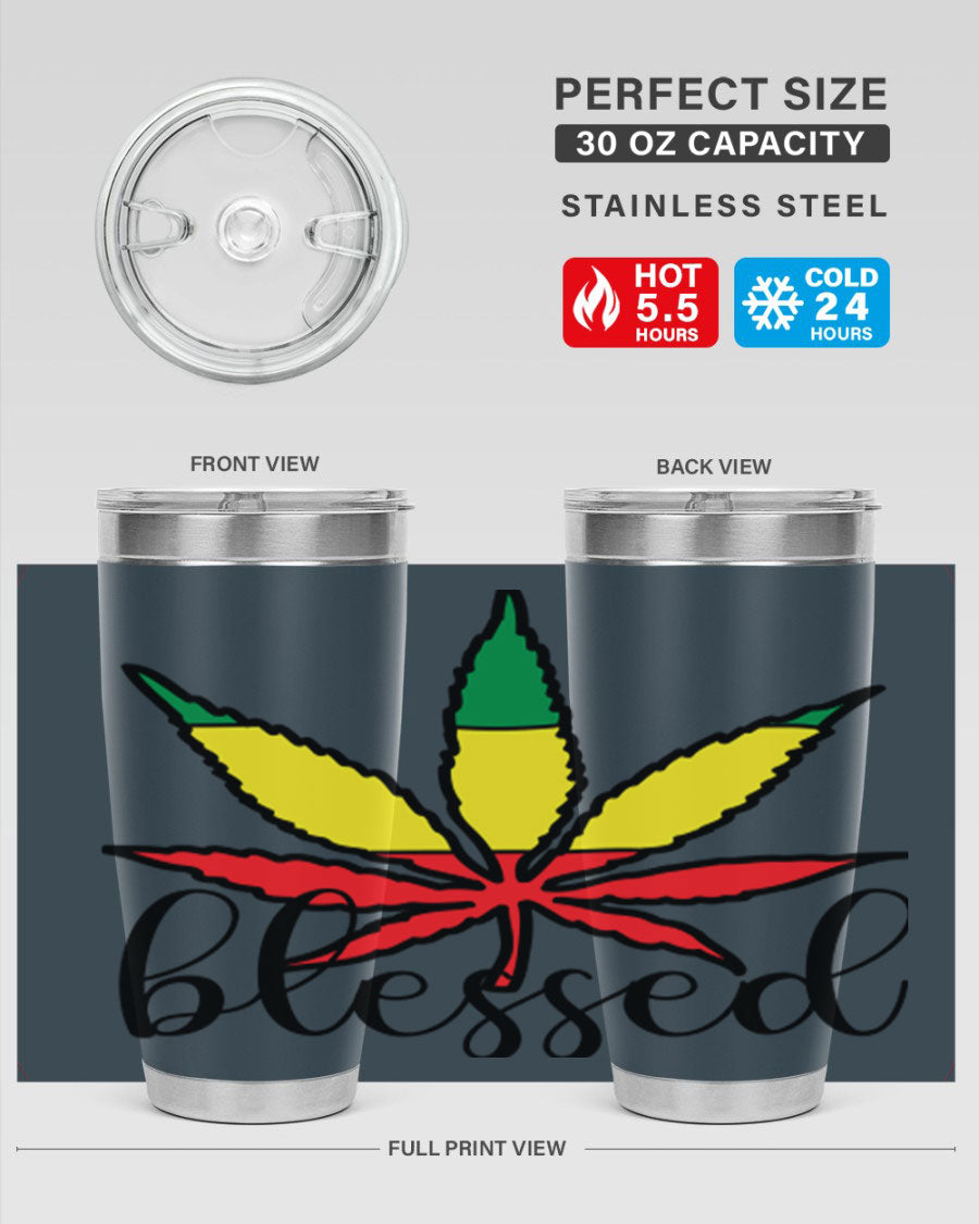 Blessed Cannabis Jamaican 18# Tumbler, a stylish 20oz double wall vacuum stainless steel tumbler with copper lining and drink-thru lid.