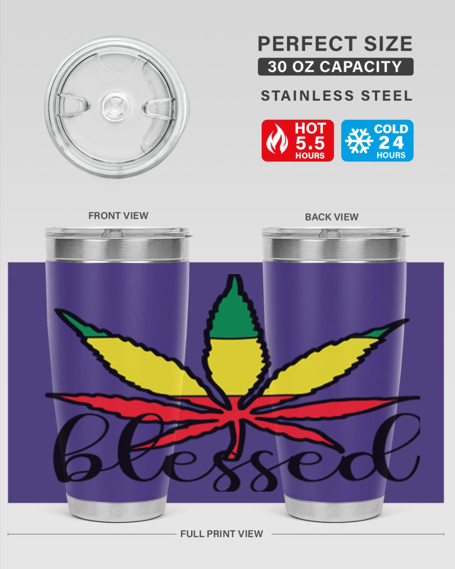 Blessed Cannabis Jamaican 18# Tumbler, a stylish 20oz double wall vacuum stainless steel tumbler with copper lining and drink-thru lid.