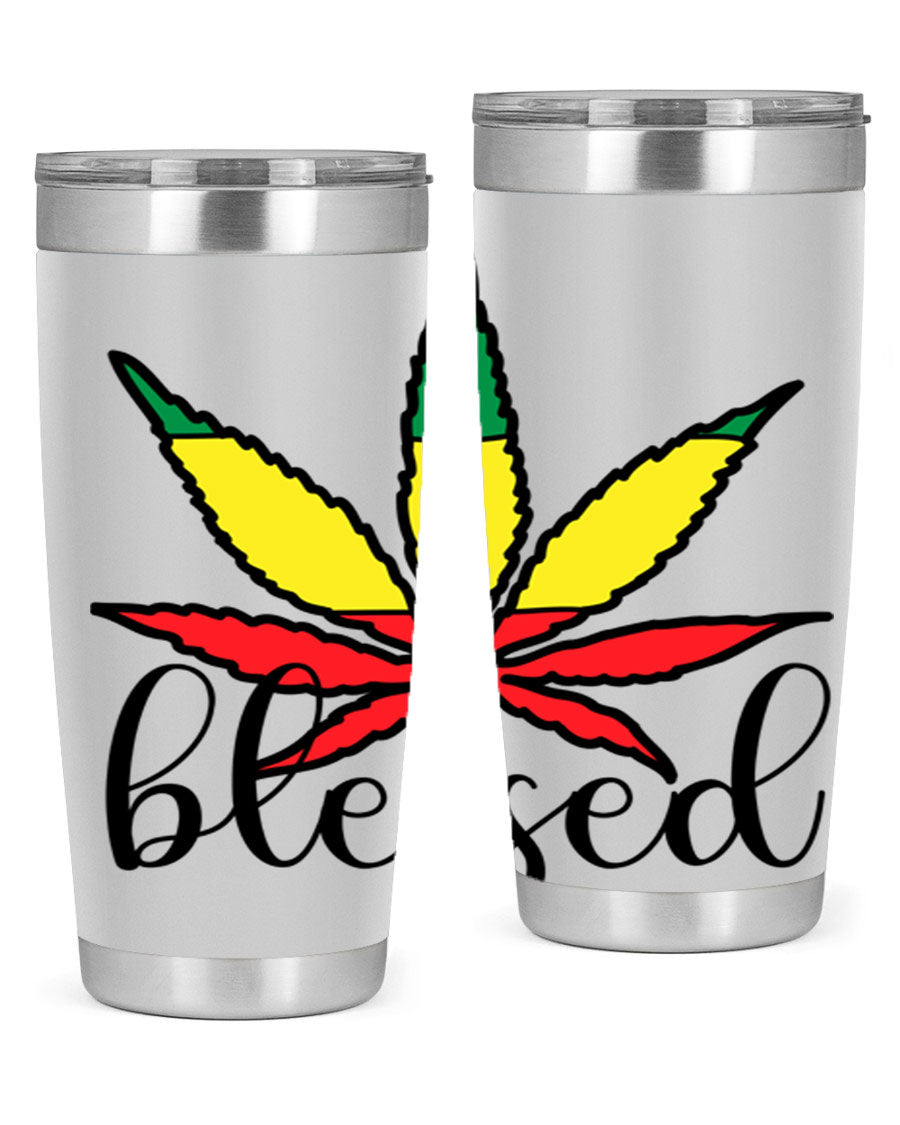 Blessed Cannabis Jamaican 18# Tumbler, a stylish 20oz double wall vacuum stainless steel tumbler with copper lining and drink-thru lid.