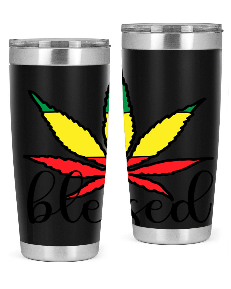 Blessed Cannabis Jamaican 18# Tumbler, a stylish 20oz double wall vacuum stainless steel tumbler with copper lining and drink-thru lid.