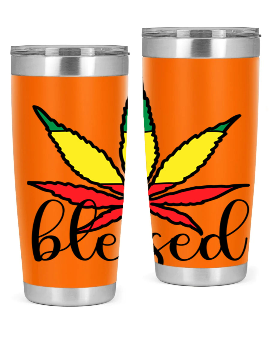 Blessed Cannabis Jamaican 18# Tumbler, a stylish 20oz double wall vacuum stainless steel tumbler with copper lining and drink-thru lid.