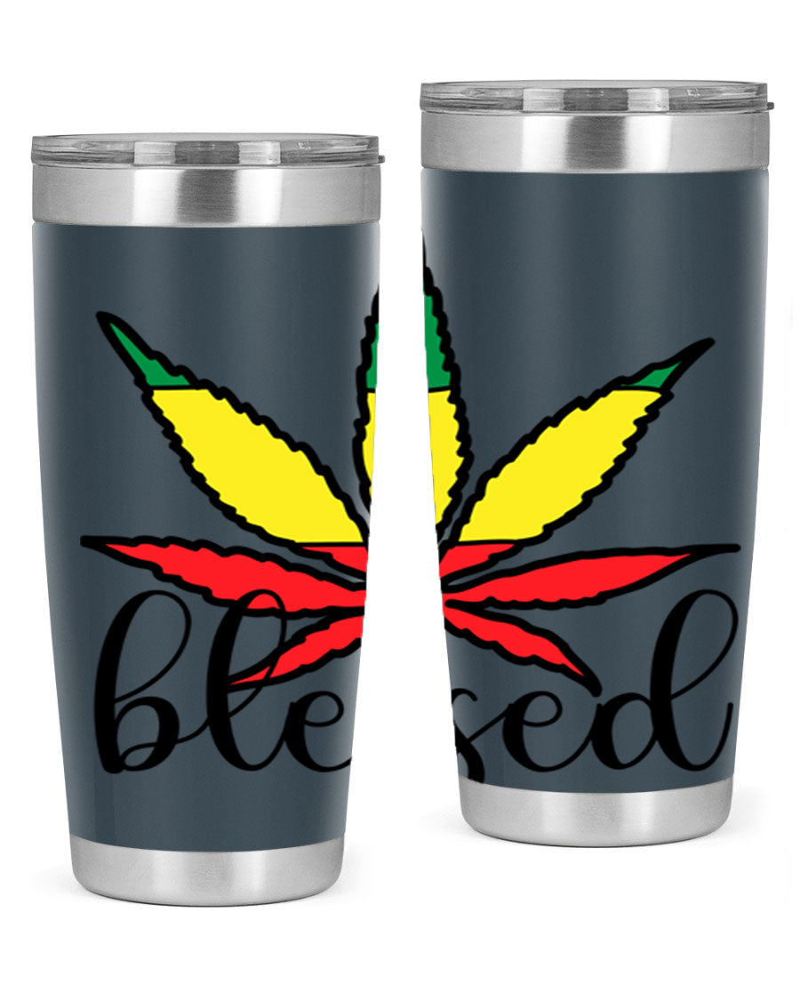 Blessed Cannabis Jamaican 18# Tumbler, a stylish 20oz double wall vacuum stainless steel tumbler with copper lining and drink-thru lid.