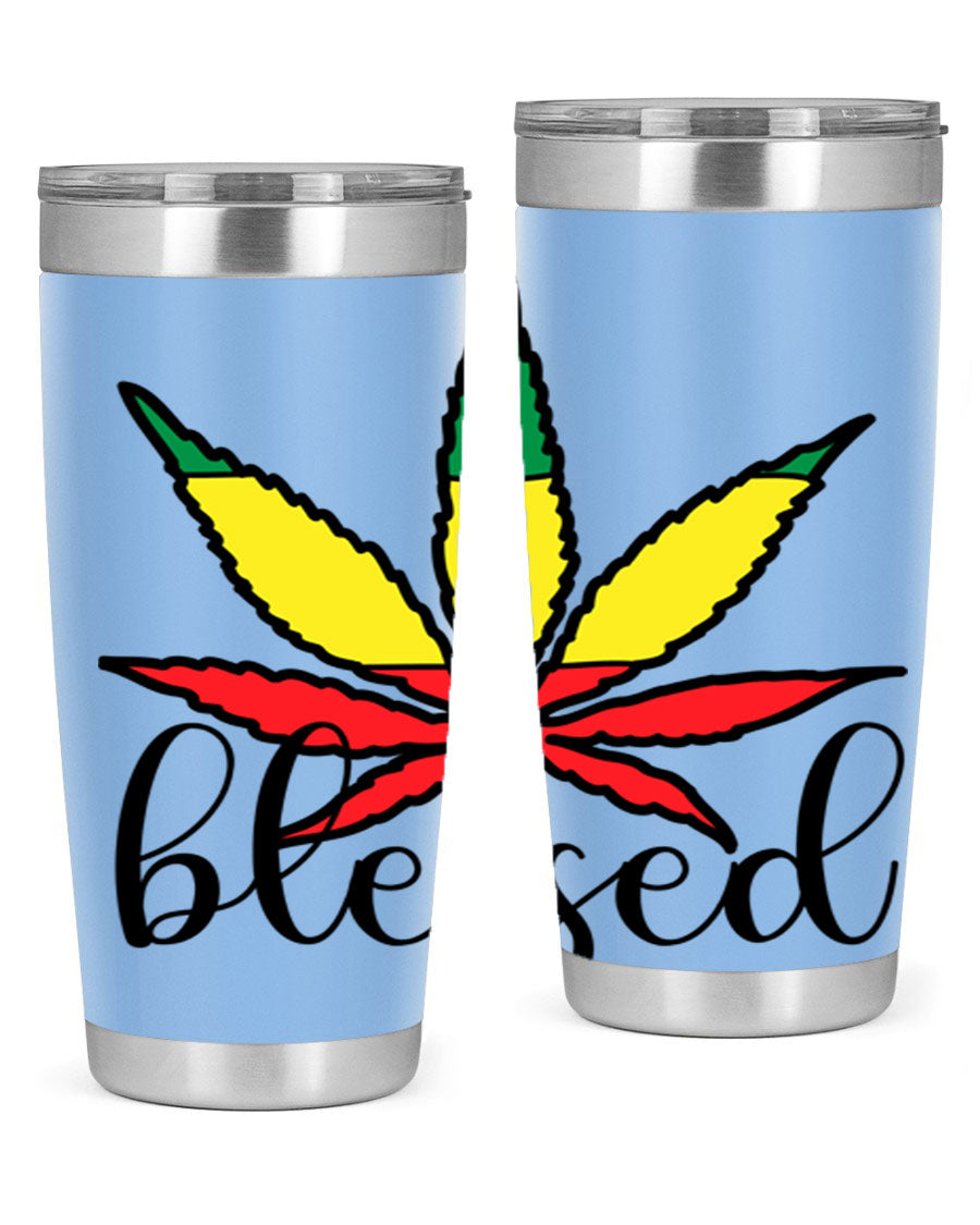 Blessed Cannabis Jamaican 18# Tumbler, a stylish 20oz double wall vacuum stainless steel tumbler with copper lining and drink-thru lid.