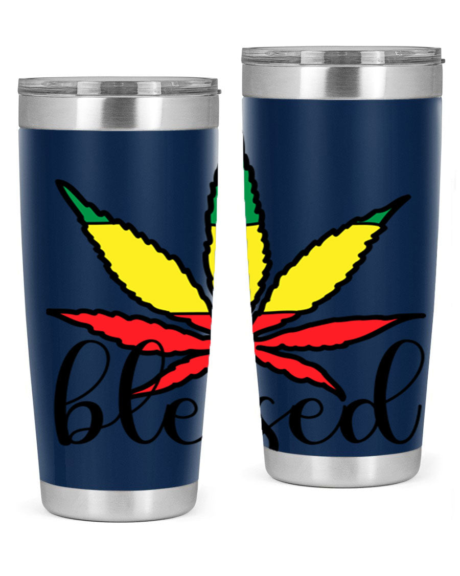 Blessed Cannabis Jamaican 18# Tumbler, a stylish 20oz double wall vacuum stainless steel tumbler with copper lining and drink-thru lid.