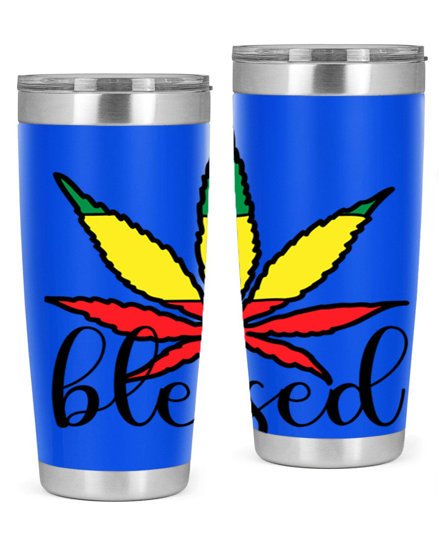 Blessed Cannabis Jamaican 18# Tumbler, a stylish 20oz double wall vacuum stainless steel tumbler with copper lining and drink-thru lid.