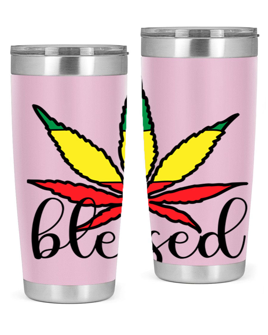 Blessed Cannabis Jamaican 18# Tumbler, a stylish 20oz double wall vacuum stainless steel tumbler with copper lining and drink-thru lid.