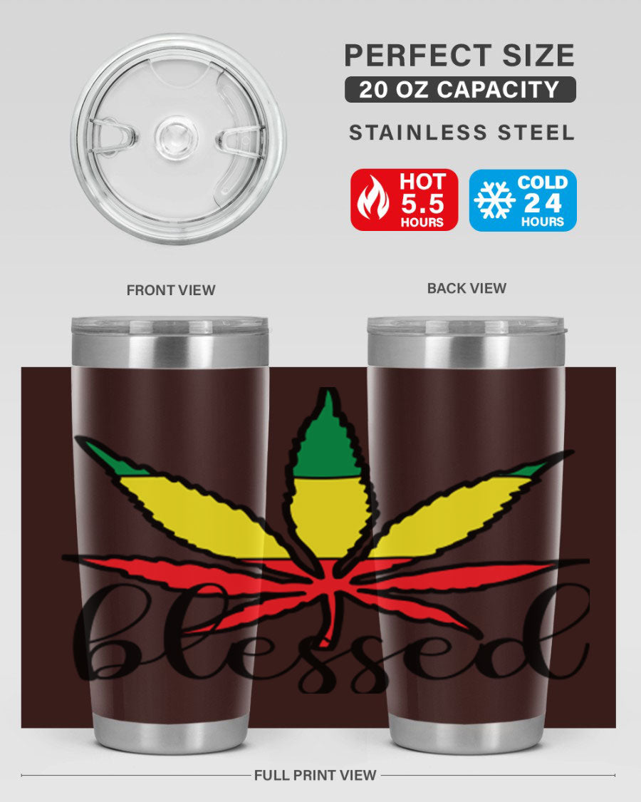 Blessed Cannabis Jamaican 18# Tumbler, a stylish 20oz double wall vacuum stainless steel tumbler with copper lining and drink-thru lid.