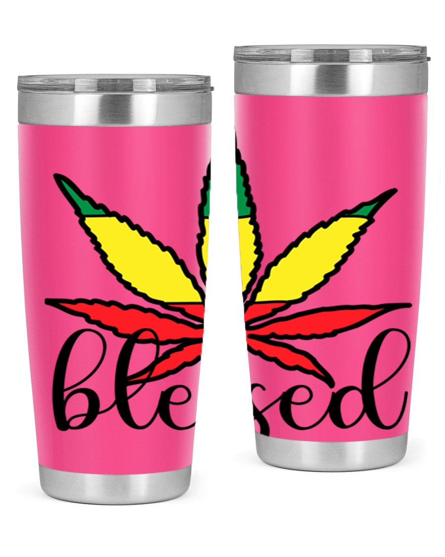 Blessed Cannabis Jamaican 18# Tumbler, a stylish 20oz double wall vacuum stainless steel tumbler with copper lining and drink-thru lid.