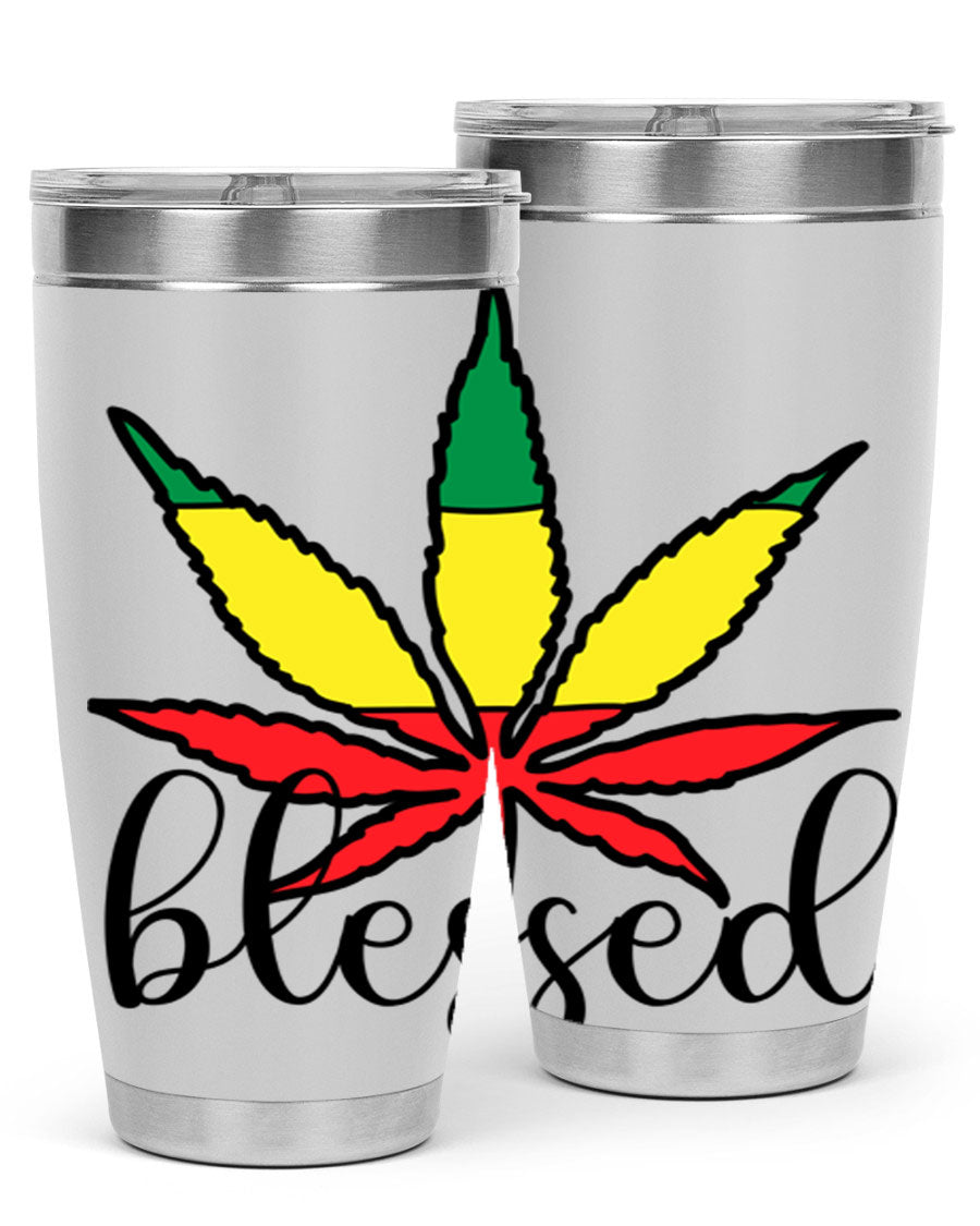 Blessed Cannabis Jamaican 18# Tumbler, a stylish 20oz double wall vacuum stainless steel tumbler with copper lining and drink-thru lid.