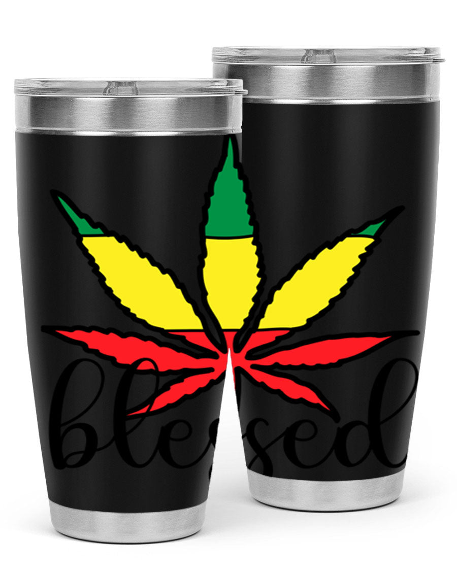 Blessed Cannabis Jamaican 18# Tumbler, a stylish 20oz double wall vacuum stainless steel tumbler with copper lining and drink-thru lid.
