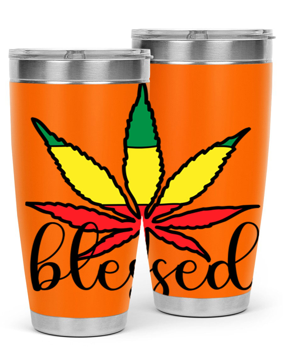 Blessed Cannabis Jamaican 18# Tumbler, a stylish 20oz double wall vacuum stainless steel tumbler with copper lining and drink-thru lid.