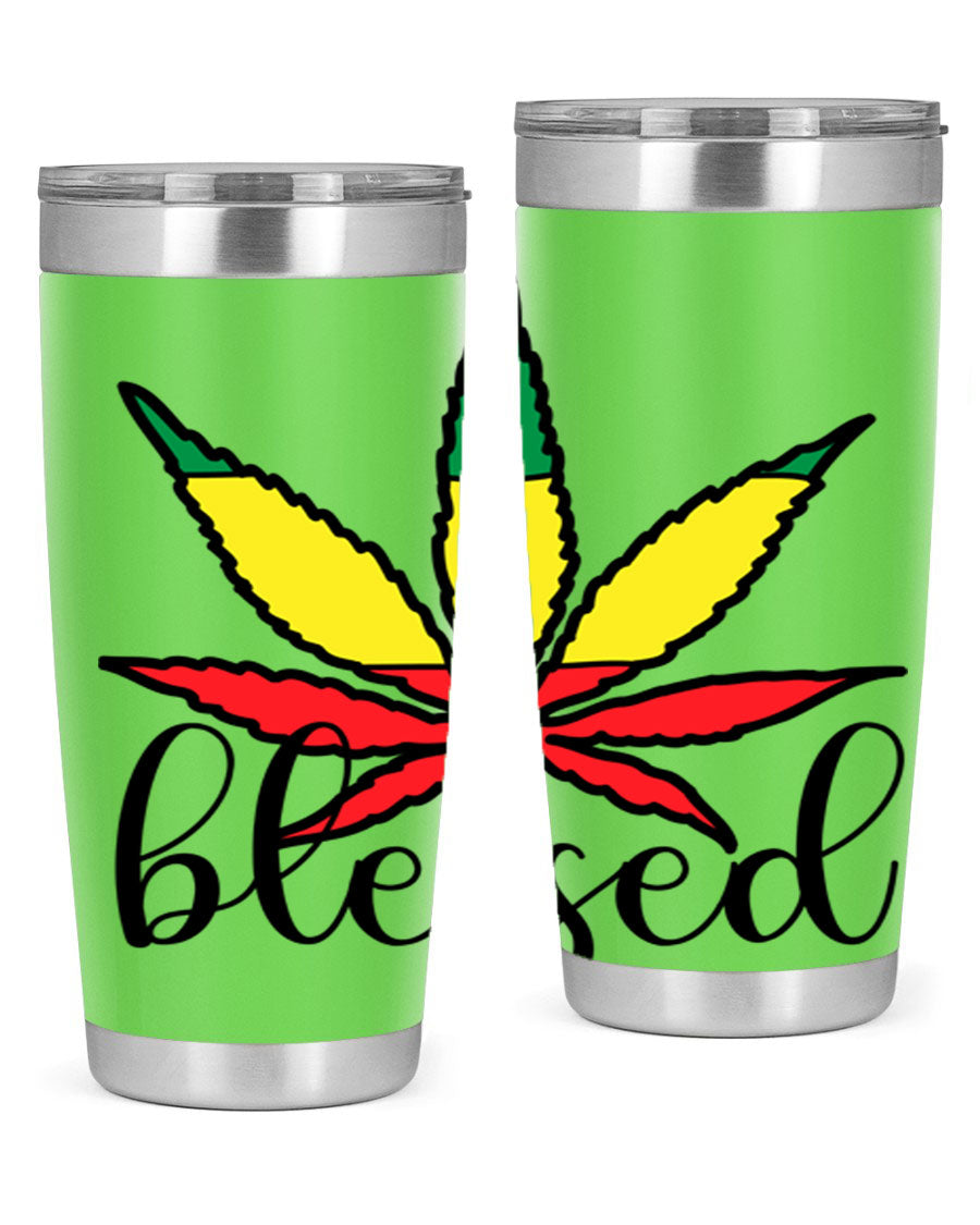 Blessed Cannabis Jamaican 18# Tumbler, a stylish 20oz double wall vacuum stainless steel tumbler with copper lining and drink-thru lid.