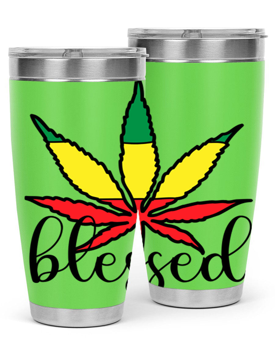 Blessed Cannabis Jamaican 18# Tumbler, a stylish 20oz double wall vacuum stainless steel tumbler with copper lining and drink-thru lid.