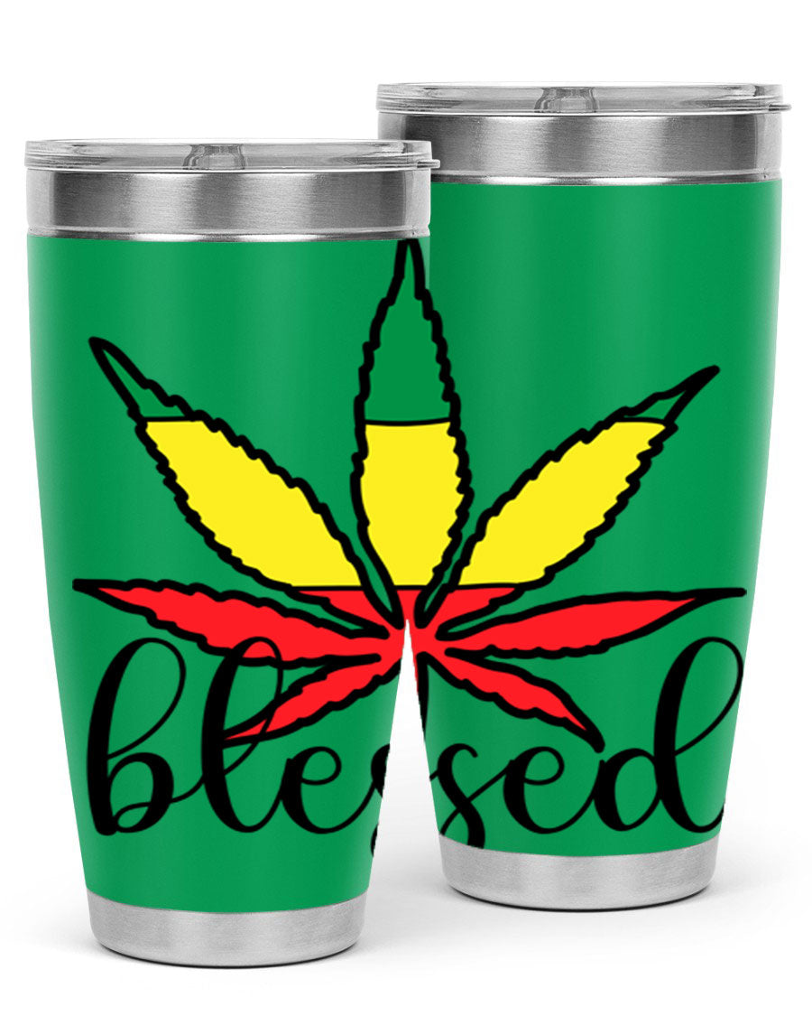 Blessed Cannabis Jamaican 18# Tumbler, a stylish 20oz double wall vacuum stainless steel tumbler with copper lining and drink-thru lid.