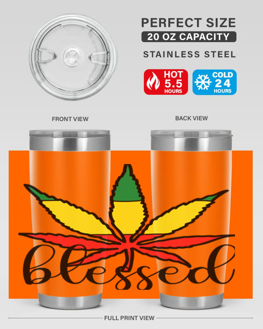 Blessed Cannabis Jamaican 18# Tumbler, a stylish 20oz double wall vacuum stainless steel tumbler with copper lining and drink-thru lid.