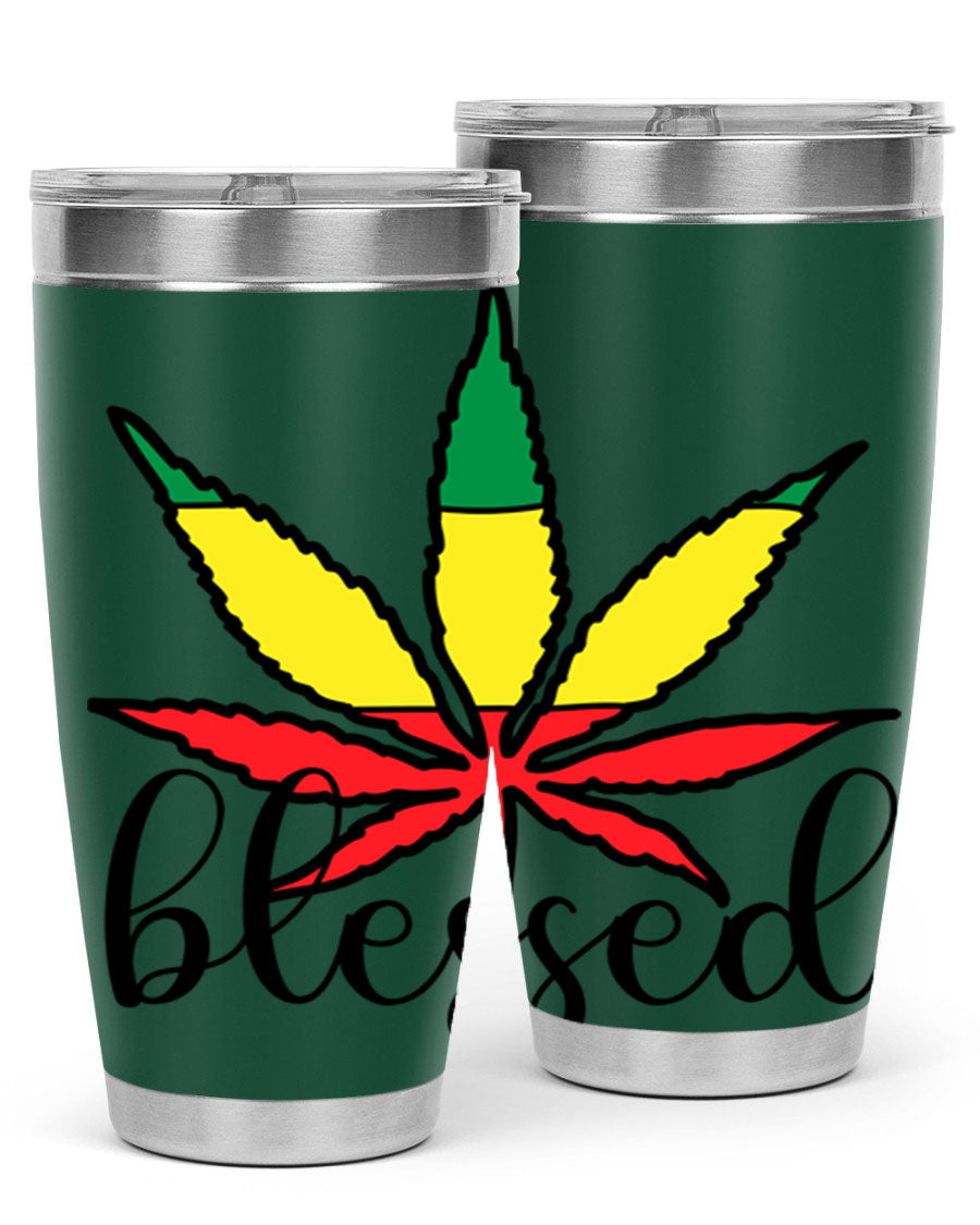 Blessed Cannabis Jamaican 18# Tumbler, a stylish 20oz double wall vacuum stainless steel tumbler with copper lining and drink-thru lid.