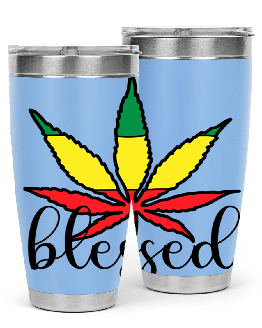 Blessed Cannabis Jamaican 18# Tumbler, a stylish 20oz double wall vacuum stainless steel tumbler with copper lining and drink-thru lid.