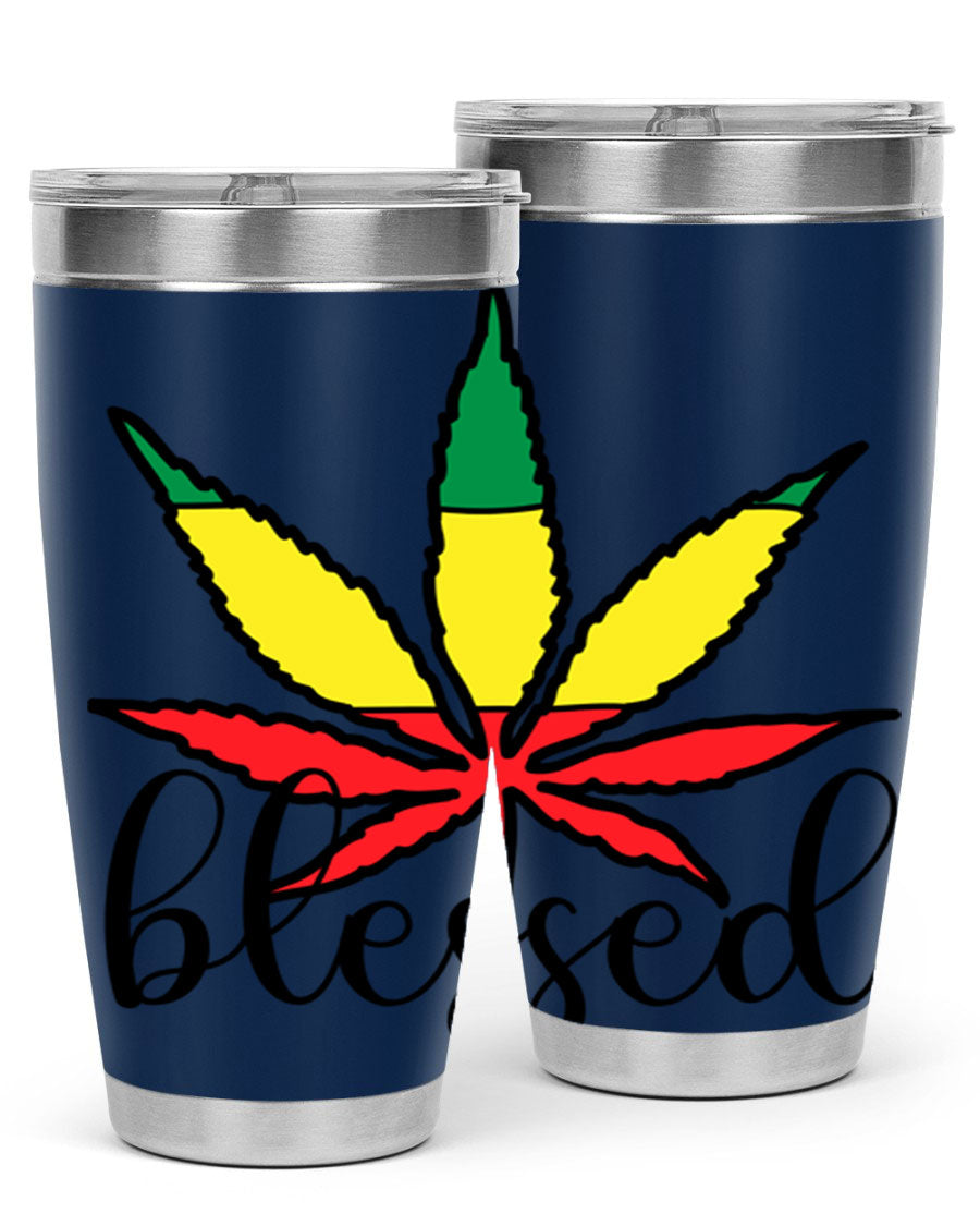 Blessed Cannabis Jamaican 18# Tumbler, a stylish 20oz double wall vacuum stainless steel tumbler with copper lining and drink-thru lid.