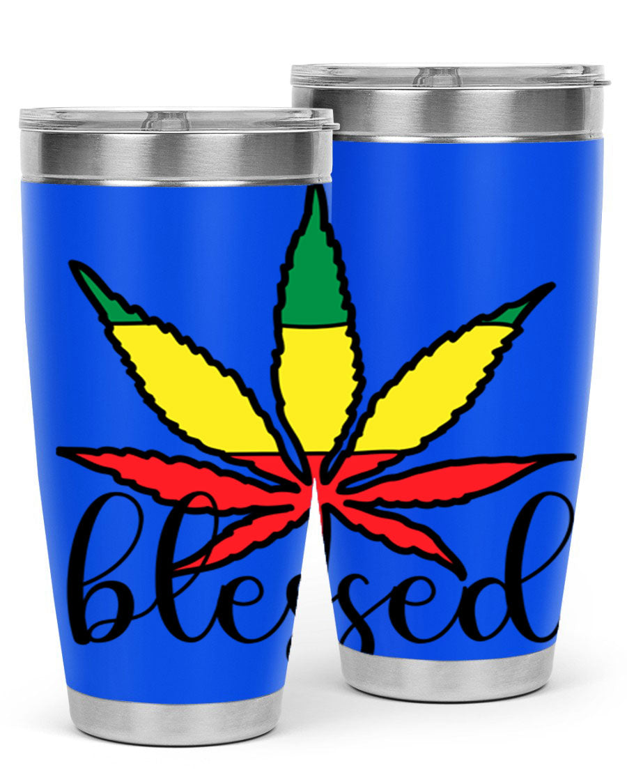 Blessed Cannabis Jamaican 18# Tumbler, a stylish 20oz double wall vacuum stainless steel tumbler with copper lining and drink-thru lid.