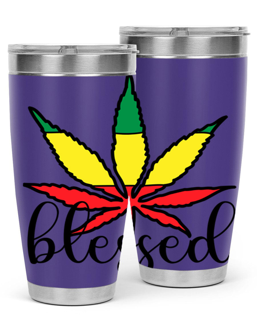 Blessed Cannabis Jamaican 18# Tumbler, a stylish 20oz double wall vacuum stainless steel tumbler with copper lining and drink-thru lid.