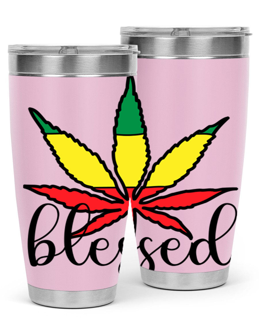 Blessed Cannabis Jamaican 18# Tumbler, a stylish 20oz double wall vacuum stainless steel tumbler with copper lining and drink-thru lid.