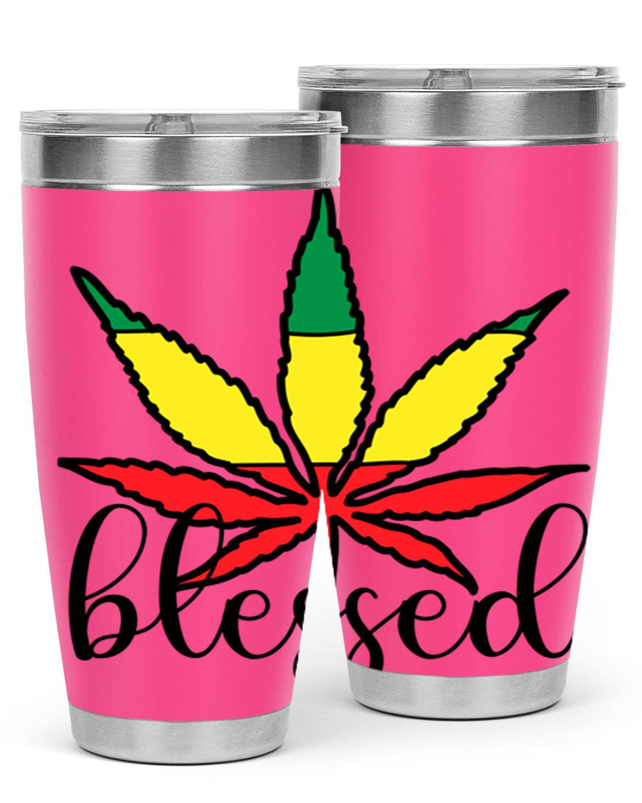 Blessed Cannabis Jamaican 18# Tumbler, a stylish 20oz double wall vacuum stainless steel tumbler with copper lining and drink-thru lid.