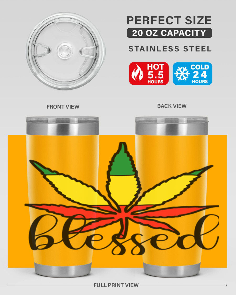 Blessed Cannabis Jamaican 18# Tumbler, a stylish 20oz double wall vacuum stainless steel tumbler with copper lining and drink-thru lid.