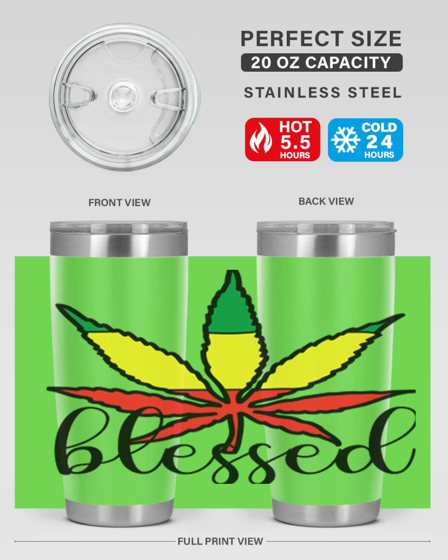 Blessed Cannabis Jamaican 18# Tumbler, a stylish 20oz double wall vacuum stainless steel tumbler with copper lining and drink-thru lid.