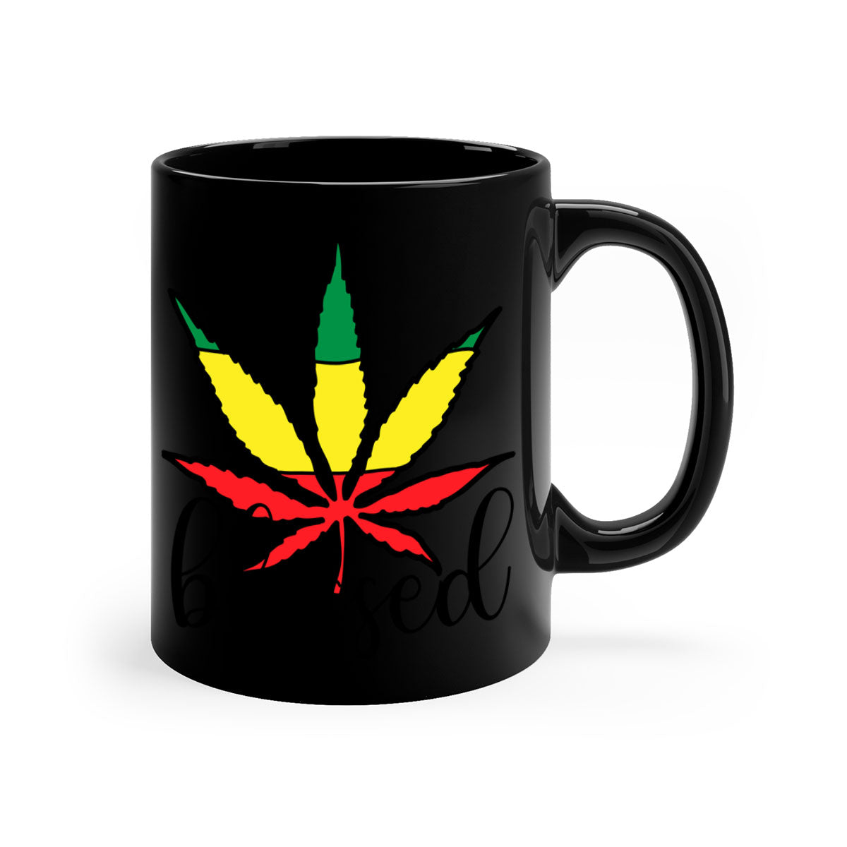 Blessed Cannabis Jamaican 18# Mug with a glossy finish and colorful handle, available in multiple colors and sizes.
