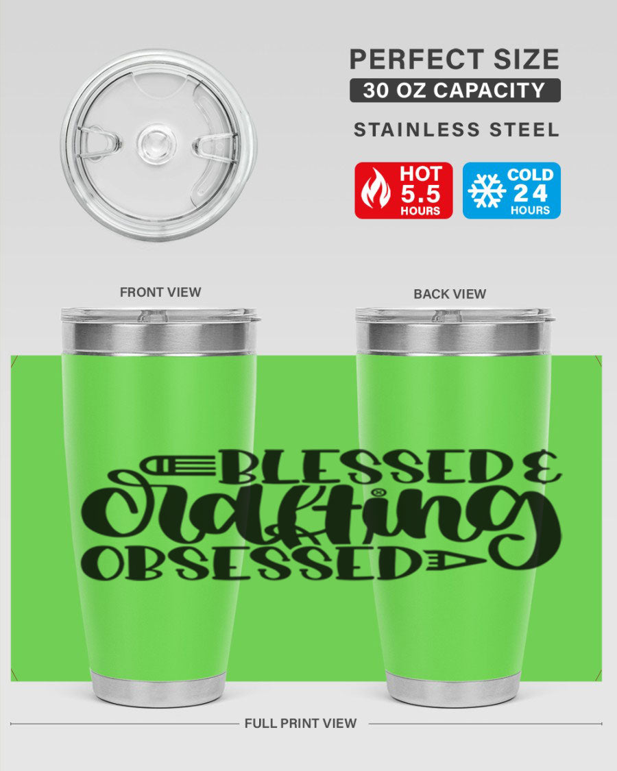 Blessed Crafting Obsessed 47# Tumbler in stainless steel with a drink-thru lid, showcasing its sleek design and double wall insulation.