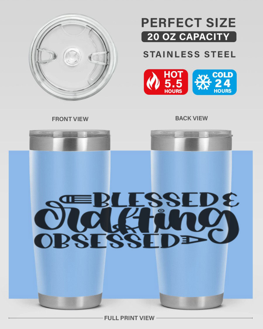Blessed Crafting Obsessed 47# Tumbler in stainless steel with a drink-thru lid, showcasing its sleek design and double wall insulation.