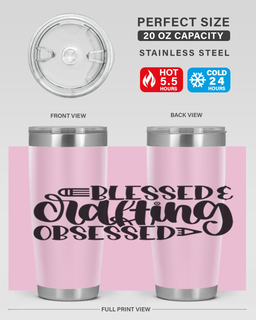 Blessed Crafting Obsessed 47# Tumbler in stainless steel with a drink-thru lid, showcasing its sleek design and double wall insulation.