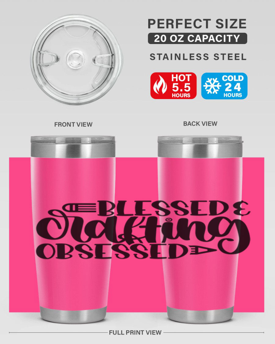 Blessed Crafting Obsessed 47# Tumbler in stainless steel with a drink-thru lid, showcasing its sleek design and double wall insulation.