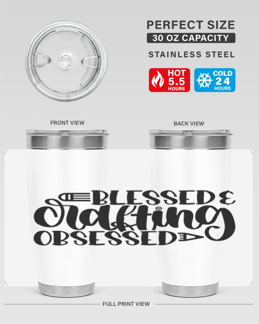 Blessed Crafting Obsessed 47# Tumbler in stainless steel with a drink-thru lid, showcasing its sleek design and double wall insulation.