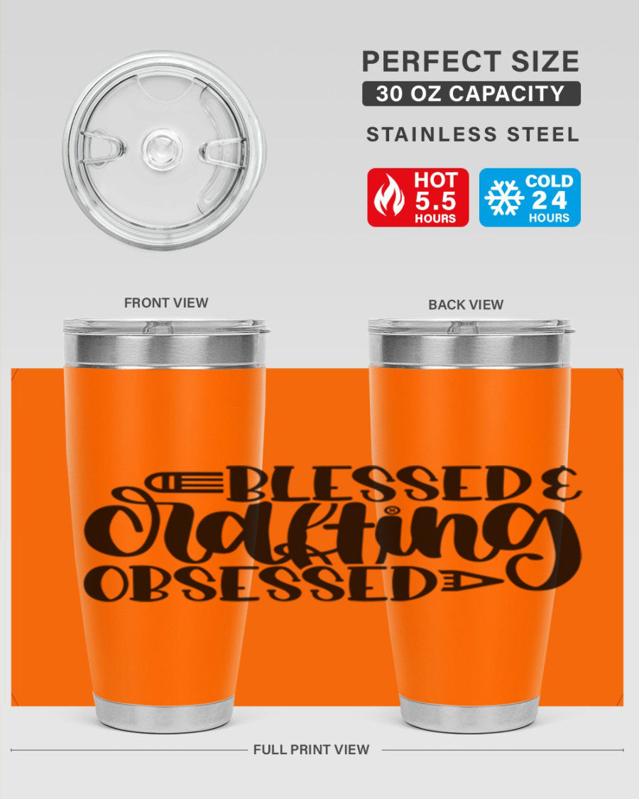 Blessed Crafting Obsessed 47# Tumbler in stainless steel with a drink-thru lid, showcasing its sleek design and double wall insulation.