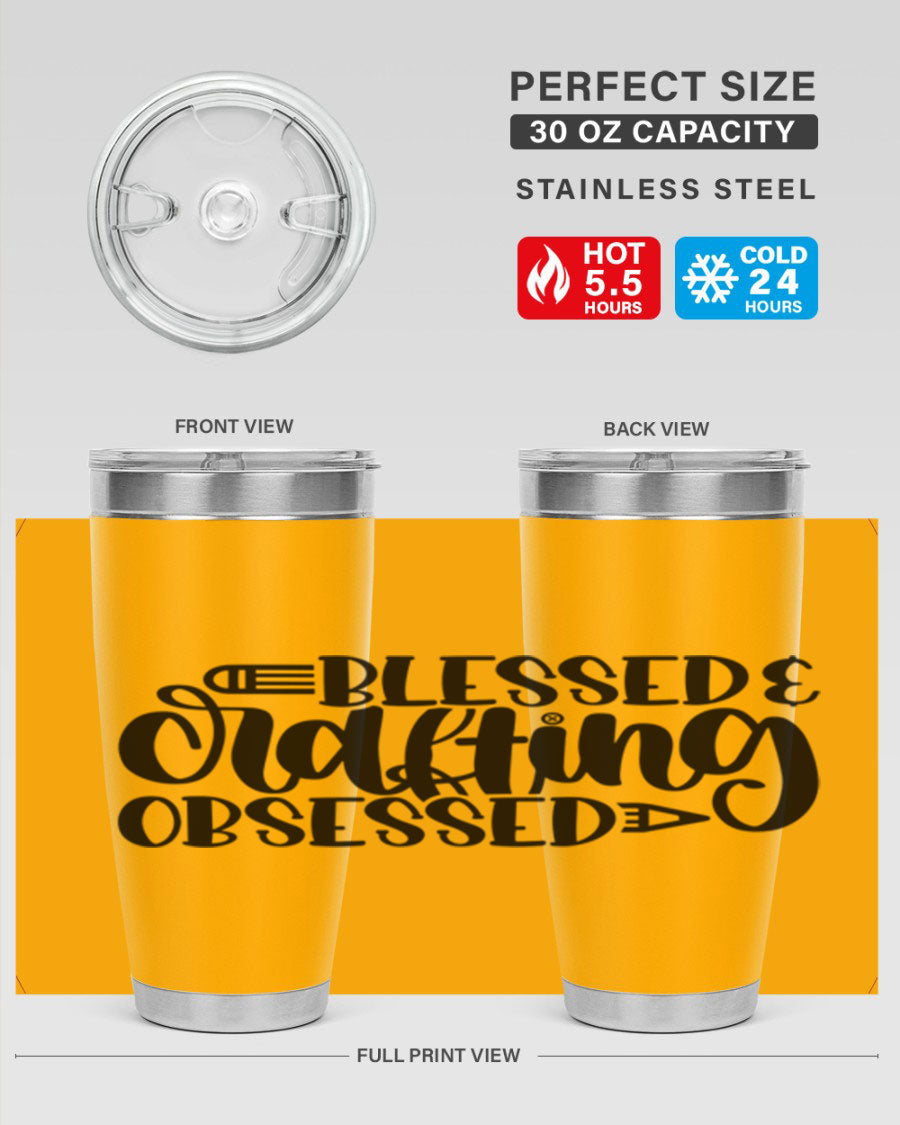 Blessed Crafting Obsessed 47# Tumbler in stainless steel with a drink-thru lid, showcasing its sleek design and double wall insulation.