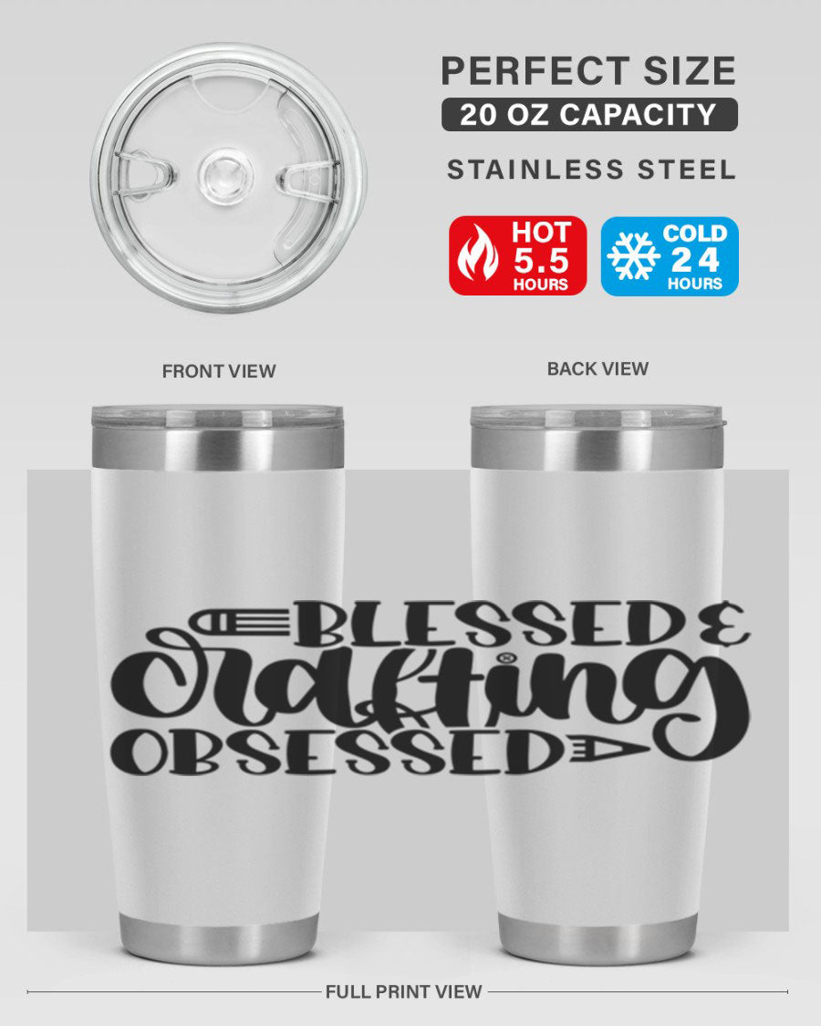 Blessed Crafting Obsessed 47# Tumbler in stainless steel with a drink-thru lid, showcasing its sleek design and double wall insulation.