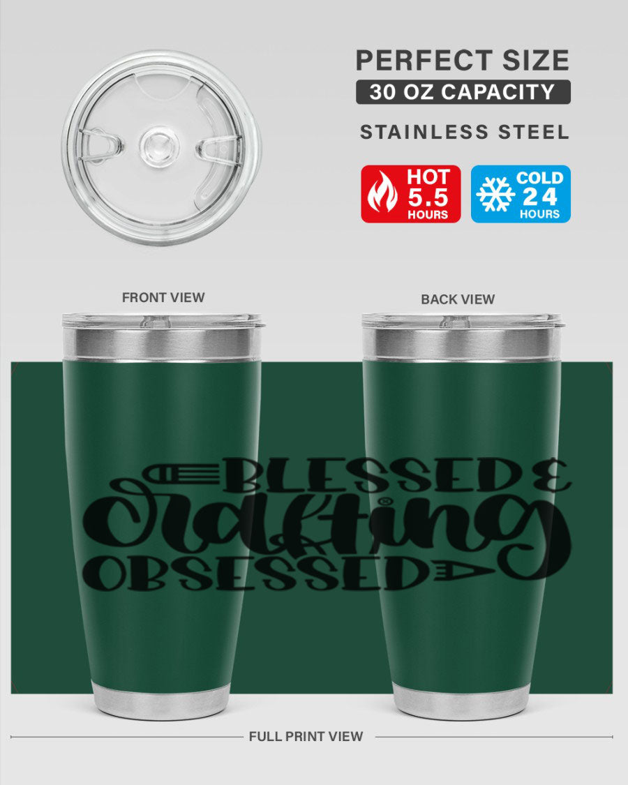 Blessed Crafting Obsessed 47# Tumbler in stainless steel with a drink-thru lid, showcasing its sleek design and double wall insulation.
