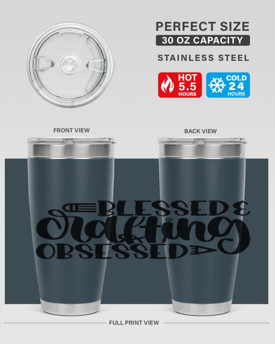 Blessed Crafting Obsessed 47# Tumbler in stainless steel with a drink-thru lid, showcasing its sleek design and double wall insulation.