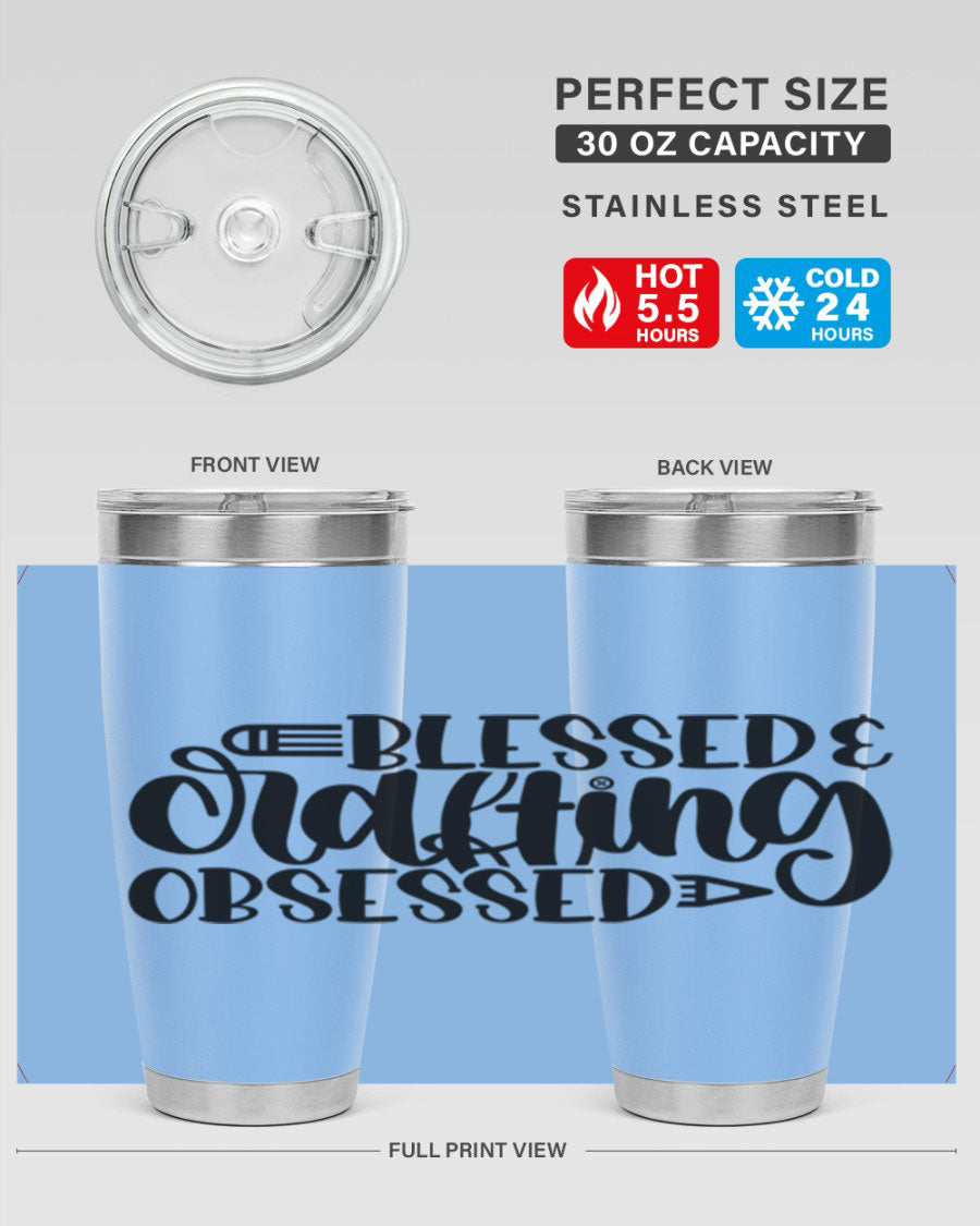 Blessed Crafting Obsessed 47# Tumbler in stainless steel with a drink-thru lid, showcasing its sleek design and double wall insulation.