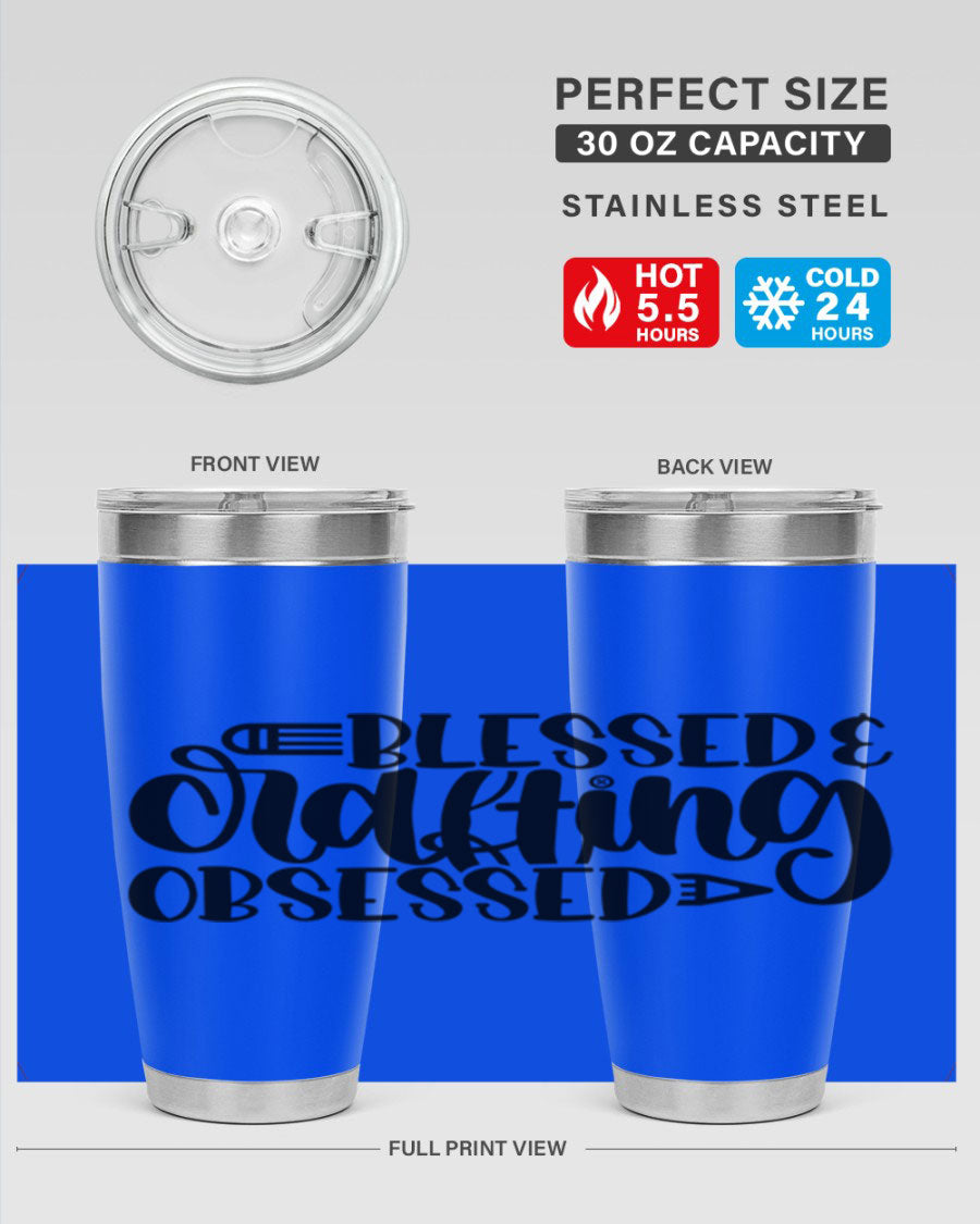Blessed Crafting Obsessed 47# Tumbler in stainless steel with a drink-thru lid, showcasing its sleek design and double wall insulation.