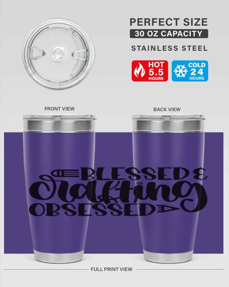 Blessed Crafting Obsessed 47# Tumbler in stainless steel with a drink-thru lid, showcasing its sleek design and double wall insulation.