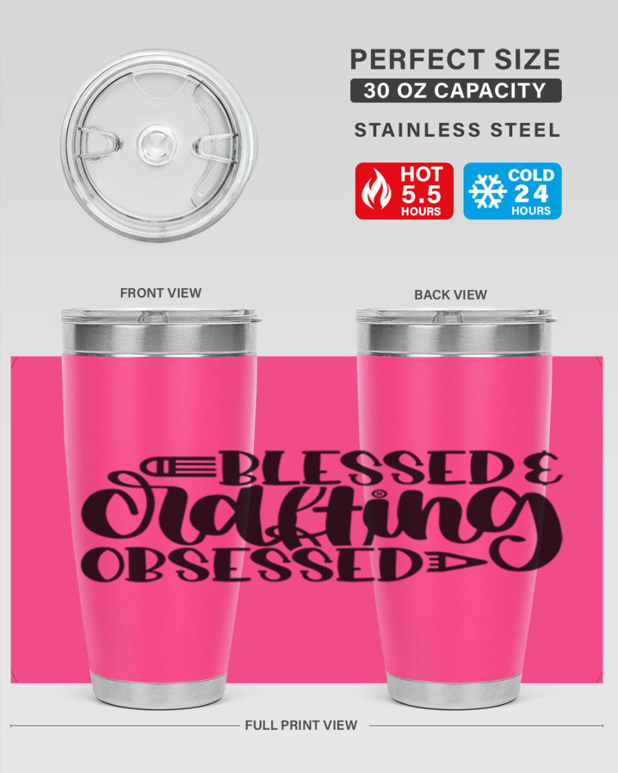 Blessed Crafting Obsessed 47# Tumbler in stainless steel with a drink-thru lid, showcasing its sleek design and double wall insulation.