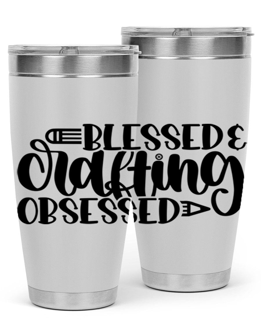 Blessed Crafting Obsessed 47# Tumbler in stainless steel with a drink-thru lid, showcasing its sleek design and double wall insulation.