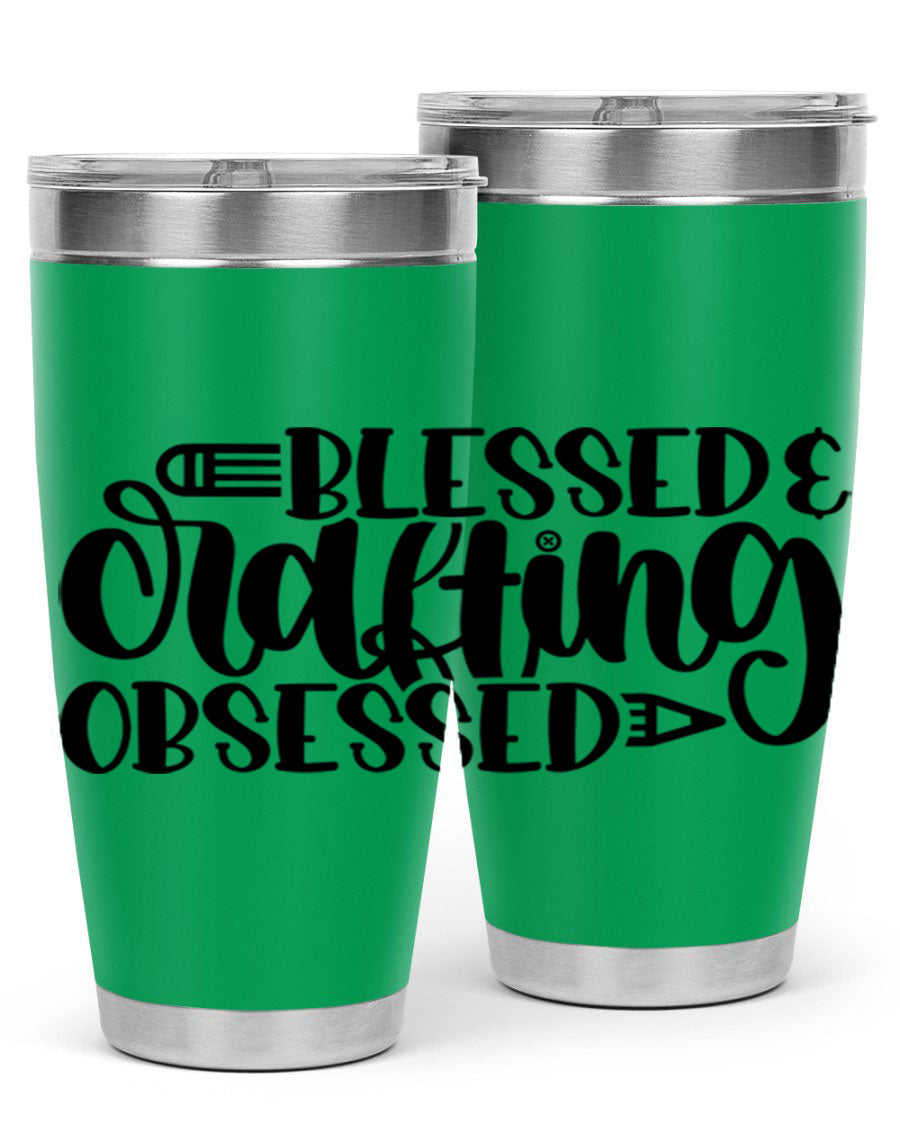 Blessed Crafting Obsessed 47# Tumbler in stainless steel with a drink-thru lid, showcasing its sleek design and double wall insulation.
