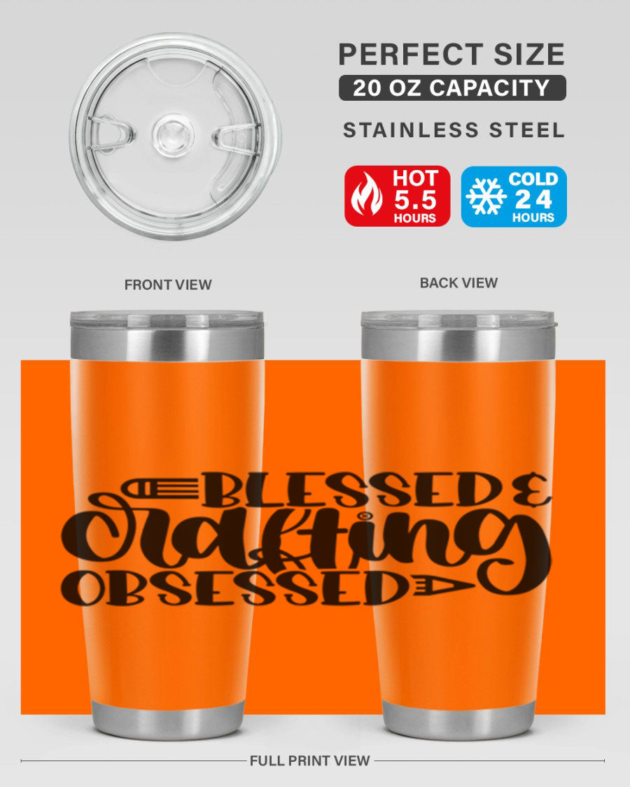 Blessed Crafting Obsessed 47# Tumbler in stainless steel with a drink-thru lid, showcasing its sleek design and double wall insulation.