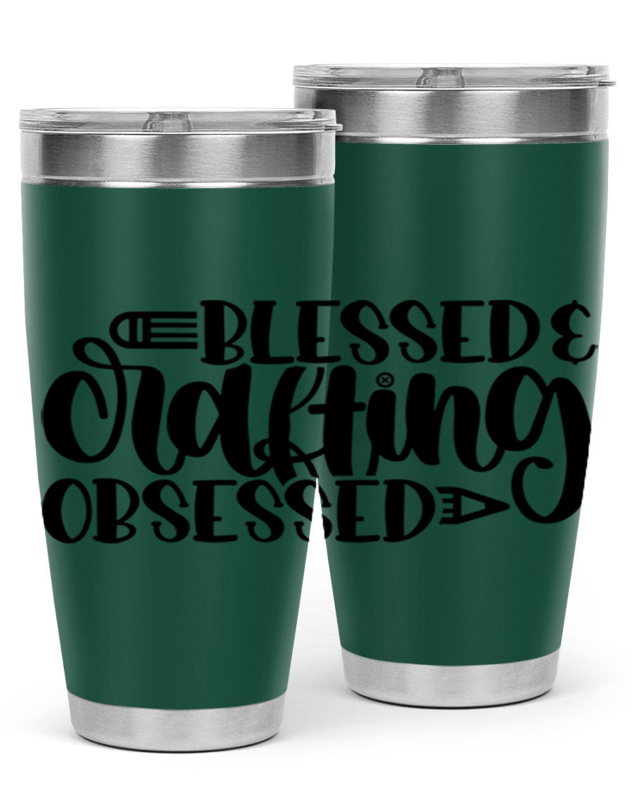 Blessed Crafting Obsessed 47# Tumbler in stainless steel with a drink-thru lid, showcasing its sleek design and double wall insulation.