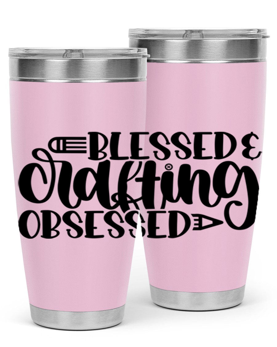 Blessed Crafting Obsessed 47# Tumbler in stainless steel with a drink-thru lid, showcasing its sleek design and double wall insulation.