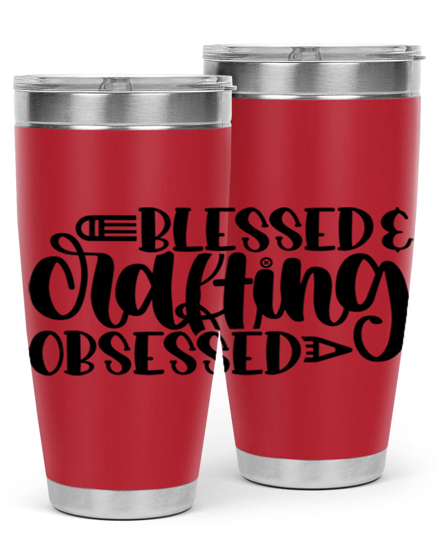 Blessed Crafting Obsessed 47# Tumbler in stainless steel with a drink-thru lid, showcasing its sleek design and double wall insulation.
