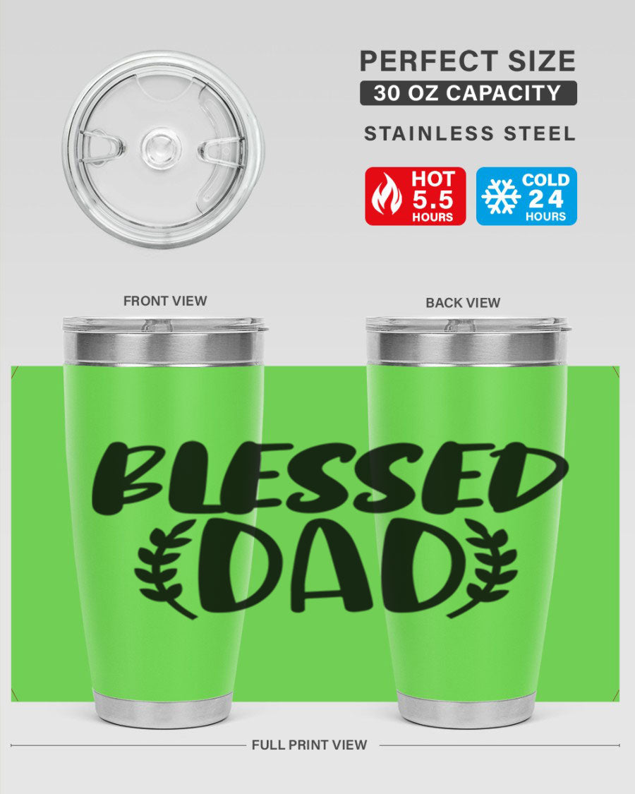 Blessed Dad 36# Tumbler in stainless steel with a drink-thru lid, showcasing its sleek design and insulation features.